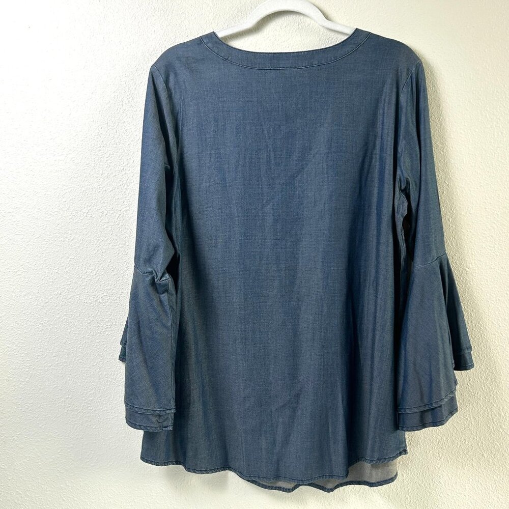 Belle by Kim Gravel Bell Sleeve Top Size M Blue Lyocell V Neck Stretch Boho - Picture 4 of 11